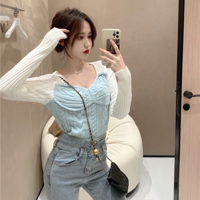 セーター ショートスリムVネックプルオーバー トップス スプリングシャツ 春物 ステッチ ブラックストロベリース65858344683