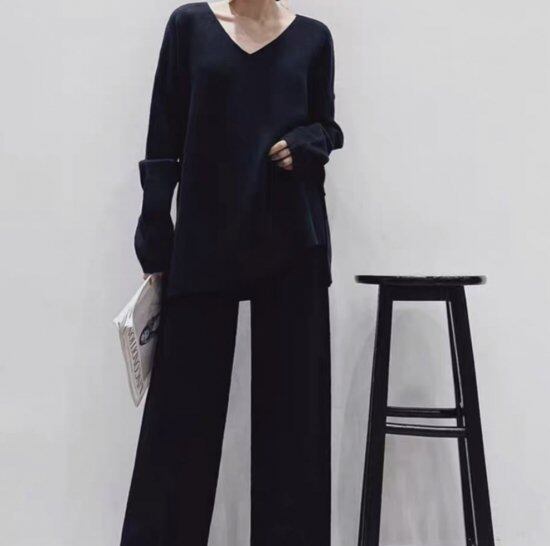 Vネック セーター セットアップ ワイド 春 秋 全3カラー S〜XL ニット セットアップ ニットセットアップ レディース 大きい