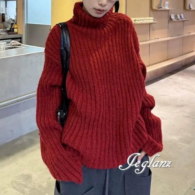 5色 ニット セーター タートル ドロップショルダー ざっくり感（MB776）σ，ς＊