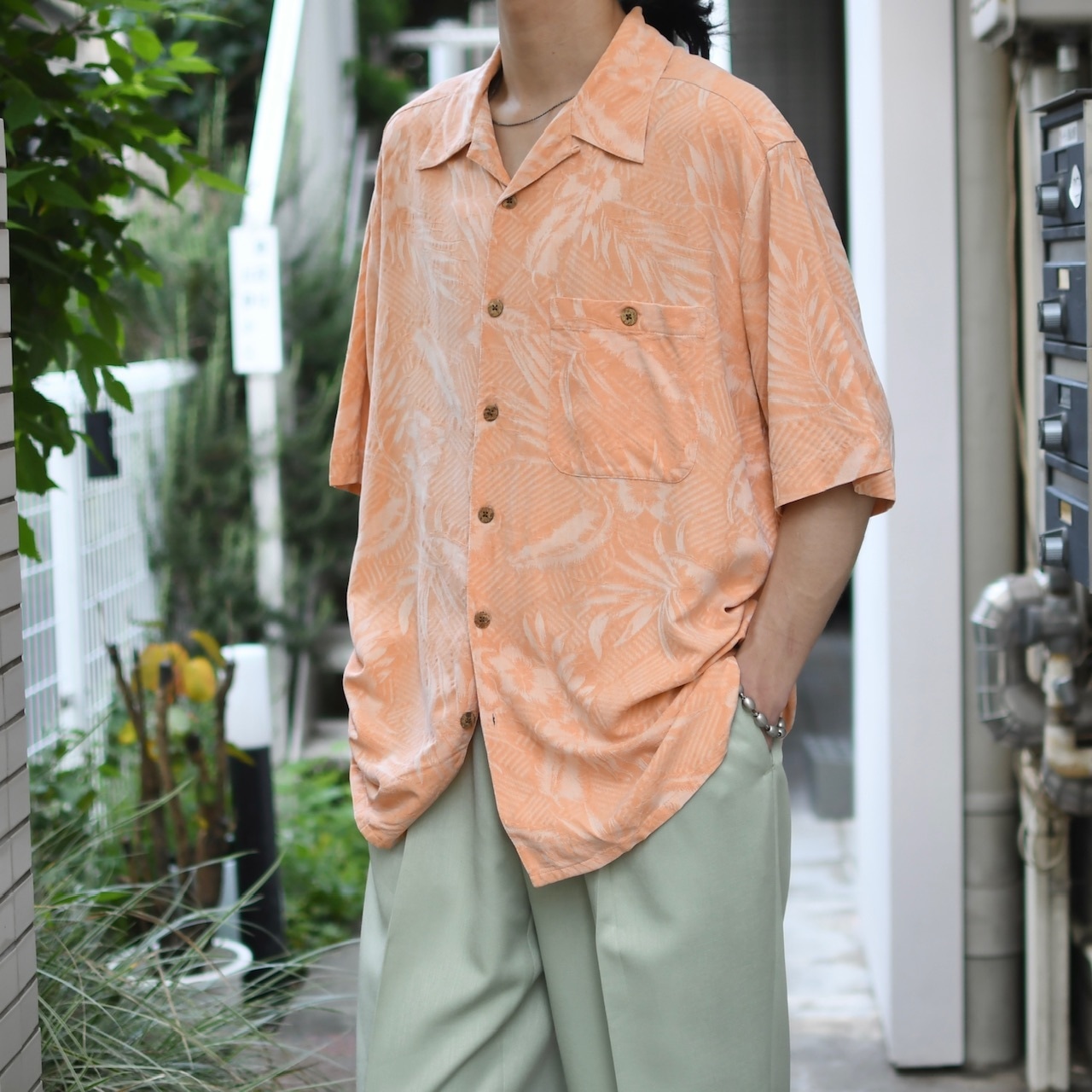 jacquard weave design aloha shirt salmon pink