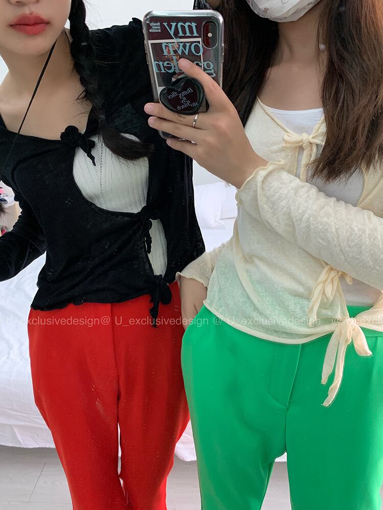 スリム薄手ジャケット サマーラウンドネックショートシャツ ロング ピンク レース 夏物 Oネック レースアップ ビッグFスモールZ韓国79430048987