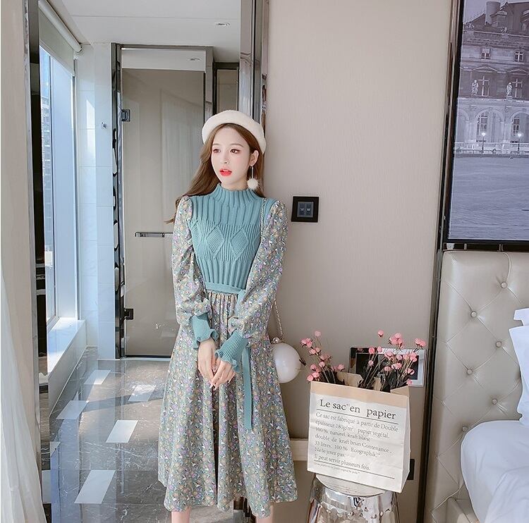 膝丈 長袖 マーメイドライン ワンピース 裾フリル パフスリーブ