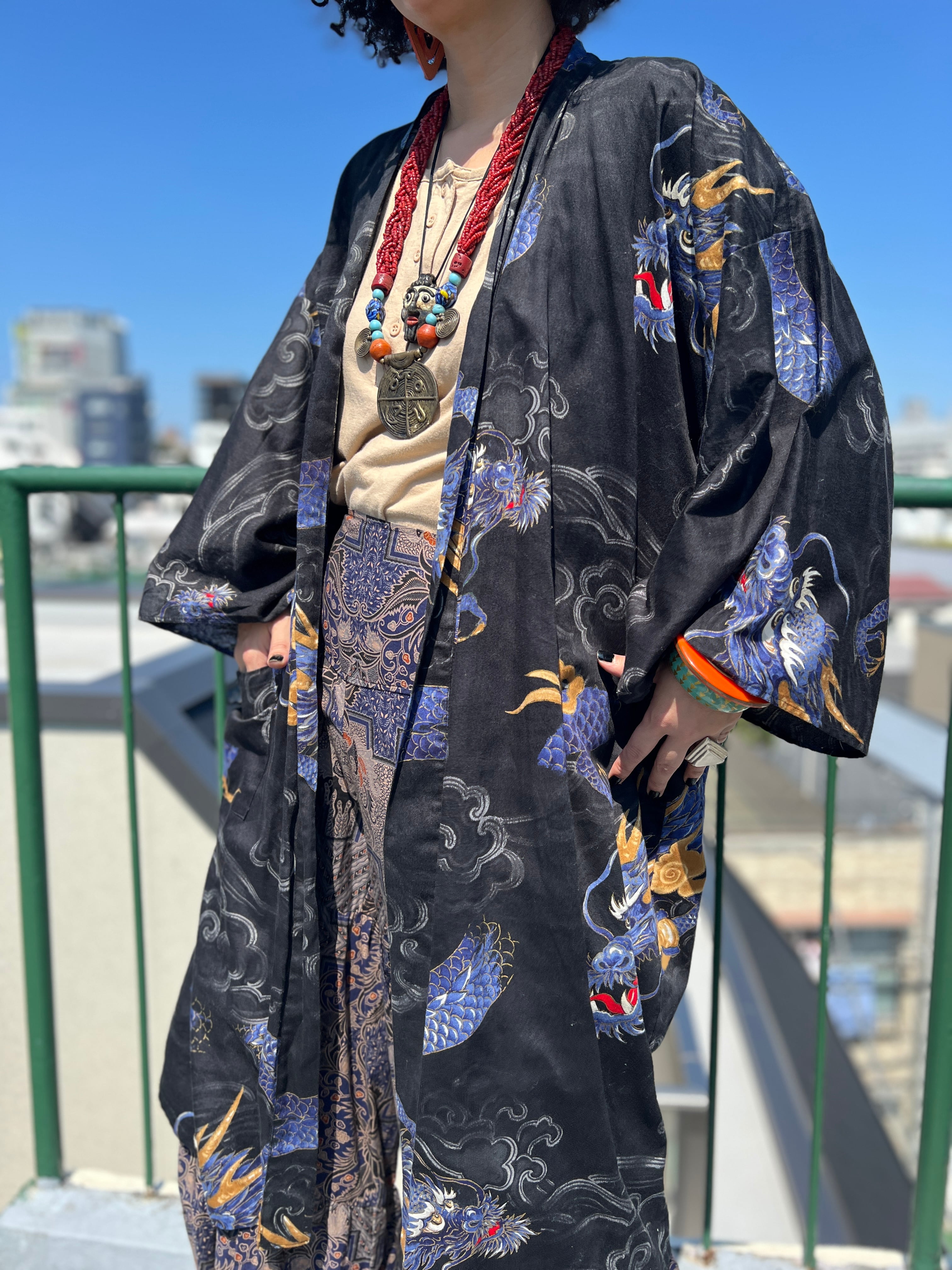Vintage chinese black × dragon cotton gown