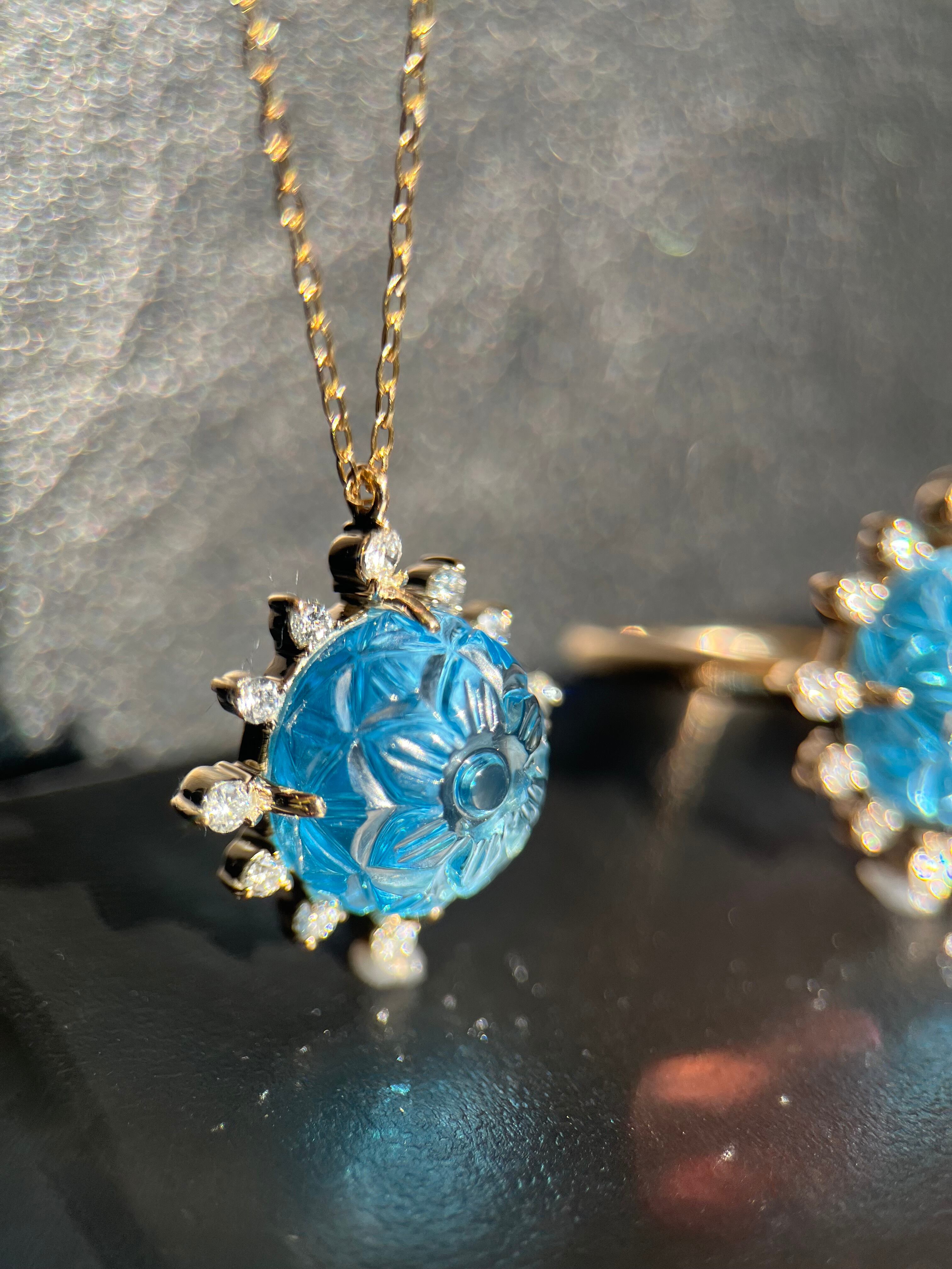 Taralika] K10YG diamond blue topaz carving necklace | Indabia