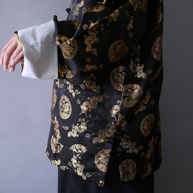 "black×gold×white" coloring dragon motif pattern over silhouette china shirt