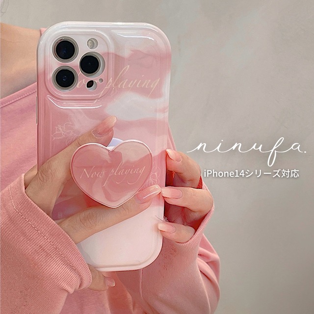 【再販】とことん可愛い◎ピンク×ハート 新型 iPhone14 対応 マーブル 落下防止 ハンドグリップ 耐衝撃 カメラレンズ保護 スマホケース ND-14817