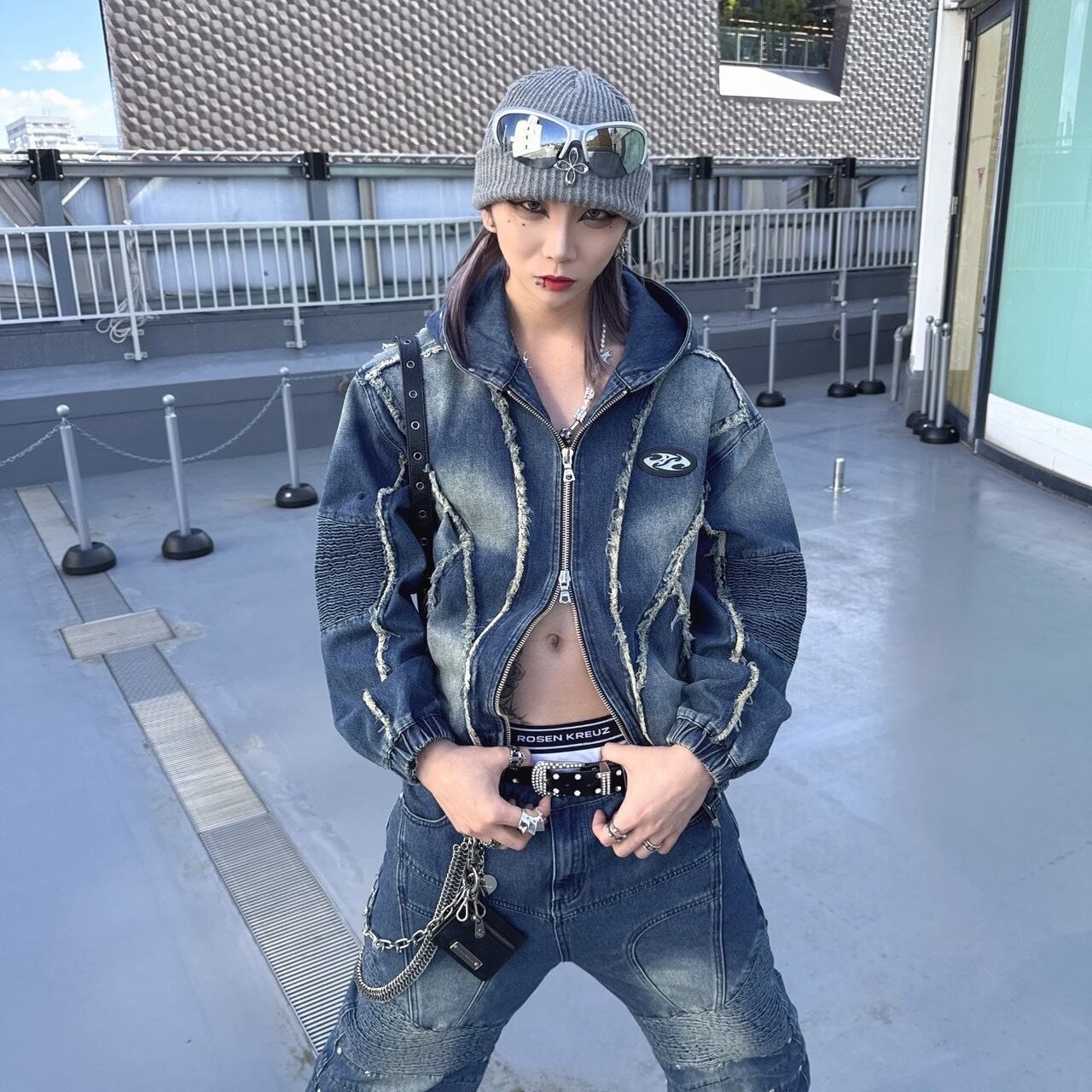 BARCON バイカーデニムフードブルゾン バイカー グランジ | 韓国系ユニ