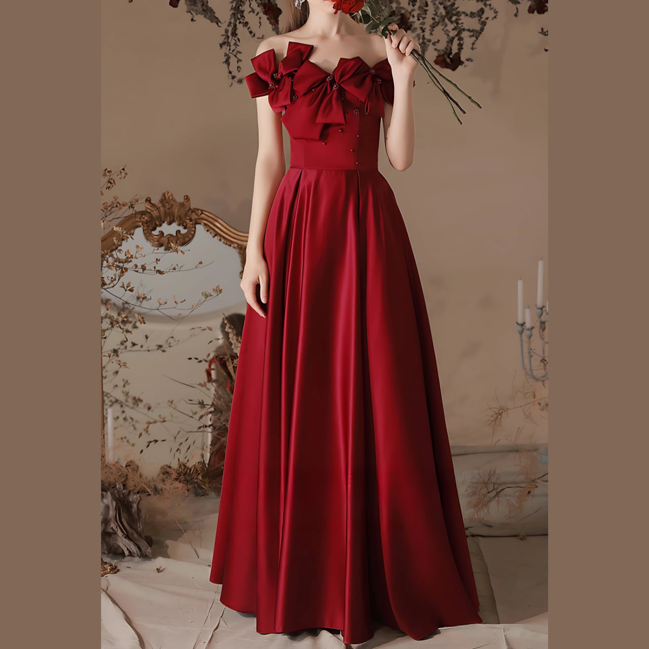 オフショルダー リボンレッドR 1520