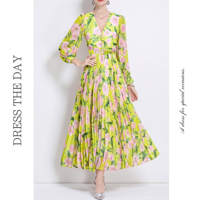 Vネックフラワープリーツドレス D0074