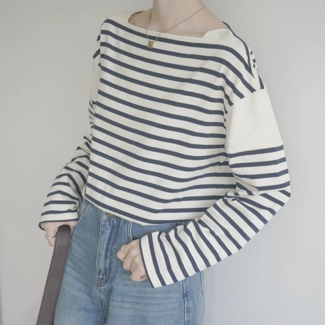 ボーダー柄無地切替ボートネックカットソー　　1410　
