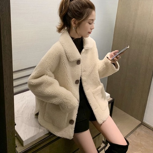 ボアジャケット レディース アウター 羽織 ジャケット 長袖ジャケット 襟あり フロントボタン シングルブレスト ポケット シンプル 無地 ポロ襟 ショートコート カジュアル お出かけ おしゃれ 女性