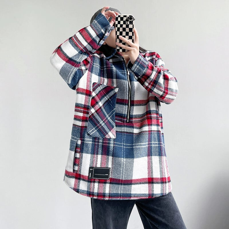 ジャスティンビーバーINS同じスタイルの赤と青のチェック柄大きな