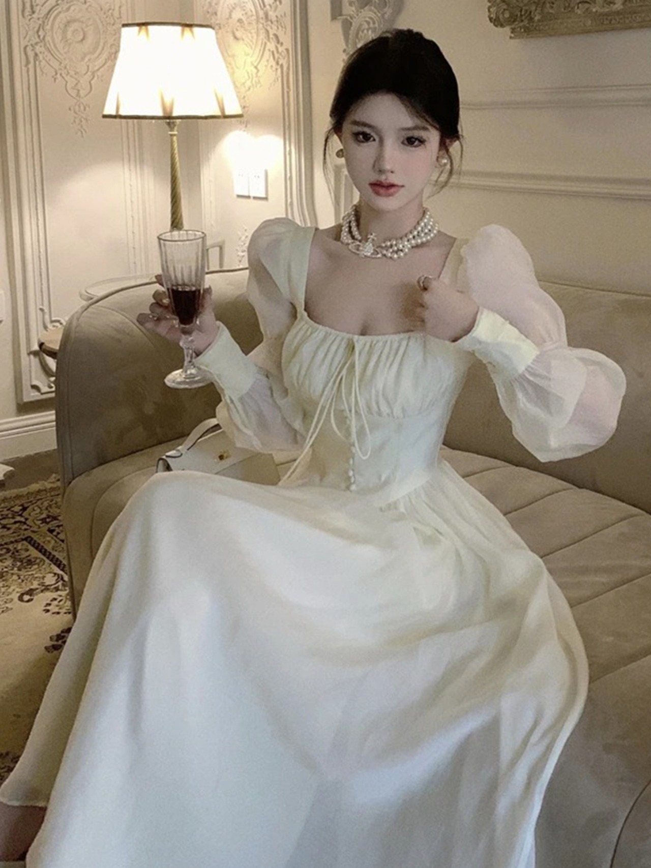 【0252】Vintage Chiffon Lantern Long Sleeve Dress