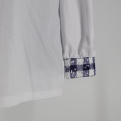 【美品 日本製 フラダンス衣装】ホワイト Paondor パンドール トップス ブラウス 白 チェック 紺 フリル 爽やか 長袖 かわいい