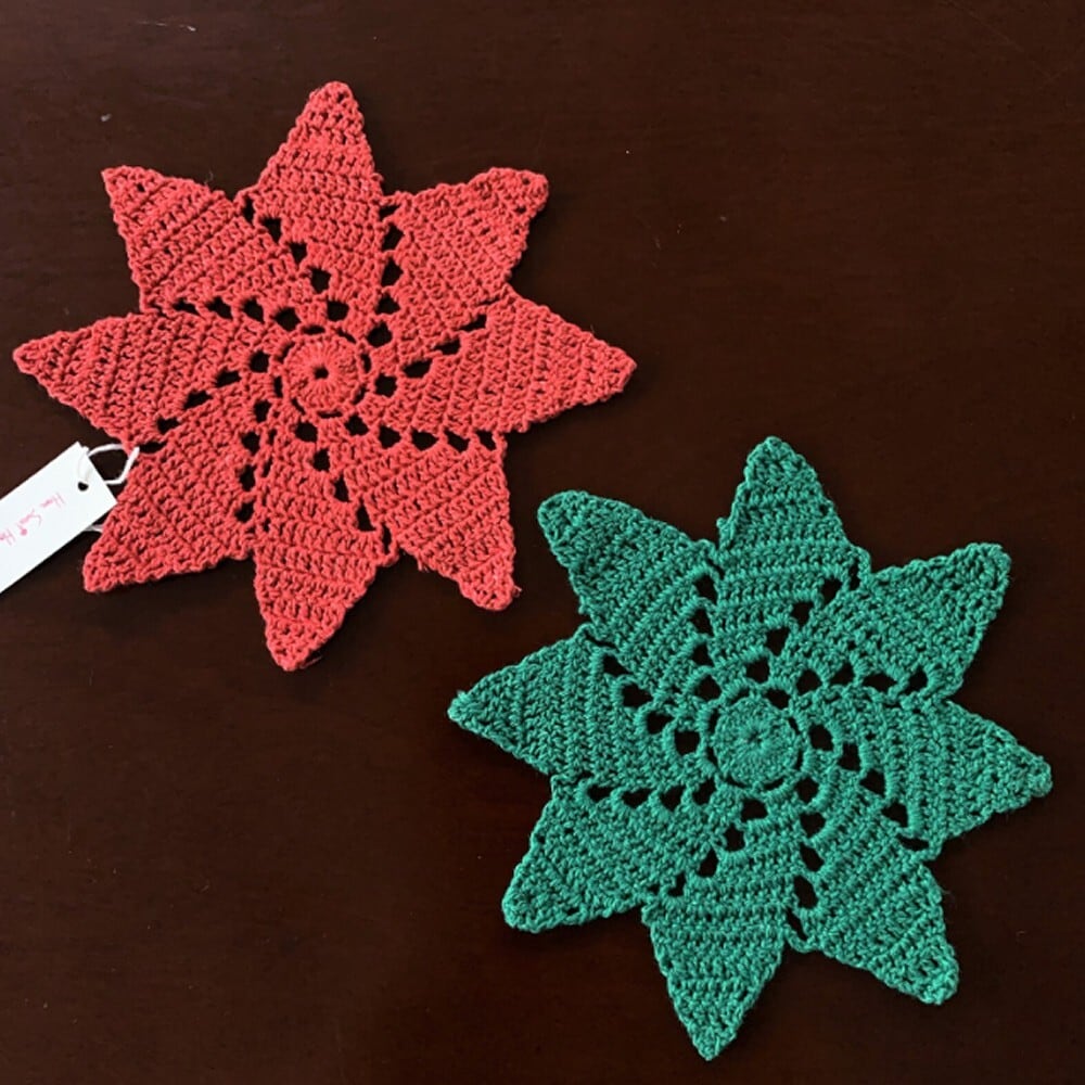 手編み レース クリスマス コースター 赤&緑２枚セット ハンドメイド