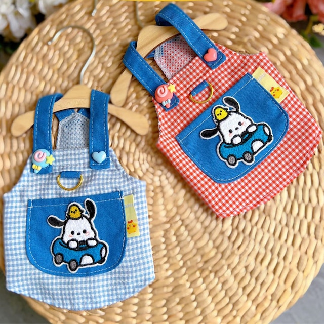 【PET】全3色ポチャッコパッチ付き格子模様サロペットワンピース
