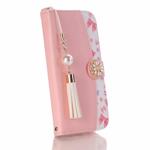 iPhoneケース リボン 手帳型 タッセル・ストラップ付 ピンク