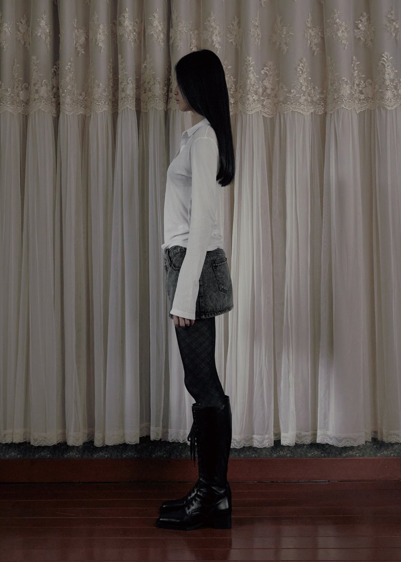 BOHEMIAN SEOUL] CROSSOVER DENIM MINI SKIRT, SNOW BLACK 正規品 韓国