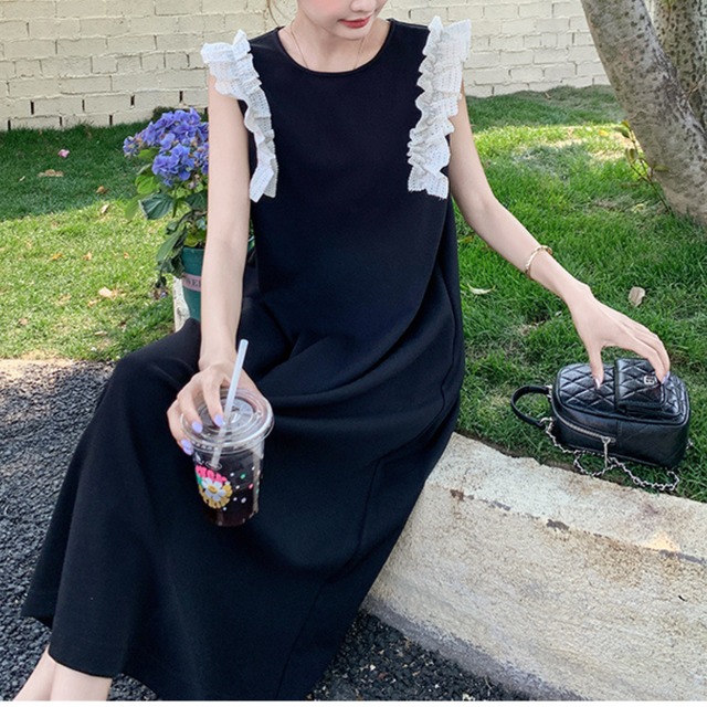 フリル ノースリーブ ワンピース ブラック×ホワイト 250578