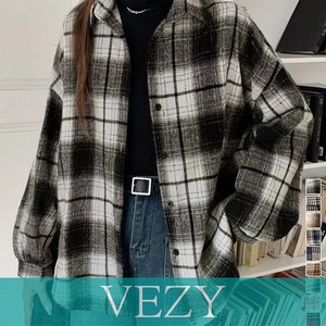 ビエラ起毛チェックシャツ 厚手ネルシャツ ゆったりシャツジャケット 長袖チュニックシャツ ドロップショルダー春秋ライトアウター レトロ シャツアウター シャツ VEZY ベジー  ItemNo.【23550026】