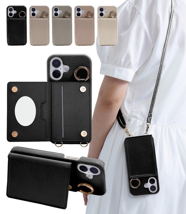 shinyle スマホケース 16 ショルダー カード 収納 ストラップ付き 可愛い スマホ 携帯ケース16 肩掛け 鏡付き 斜め掛け 耐衝撃 ミラー付き 鏡 可愛い おしゃれ ストラップ カラビナ リング 落下防止 耐衝撃 カバー マグネット スタンド機能 薄型 手帳型