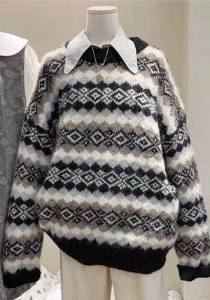 ノルディック柄　クルーネックニット　AJ11013-A003