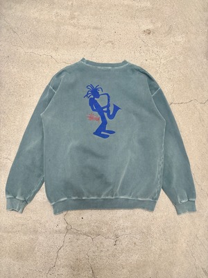 90s OLD STUSSY/Jazz Shadowman print Sweat/USA製/白タグ/L/ジャズシャド－マンプリントスウェット/ロゴプリント/ストックロゴ/グリ－ン/グレ－/ステューシー/オ－ルドステューシー