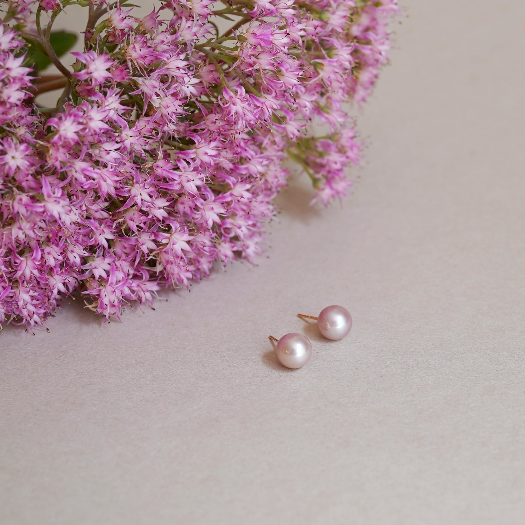 14kgf ピンクグレーカラーオパール&小粒パールピアスvega gift 14kgf