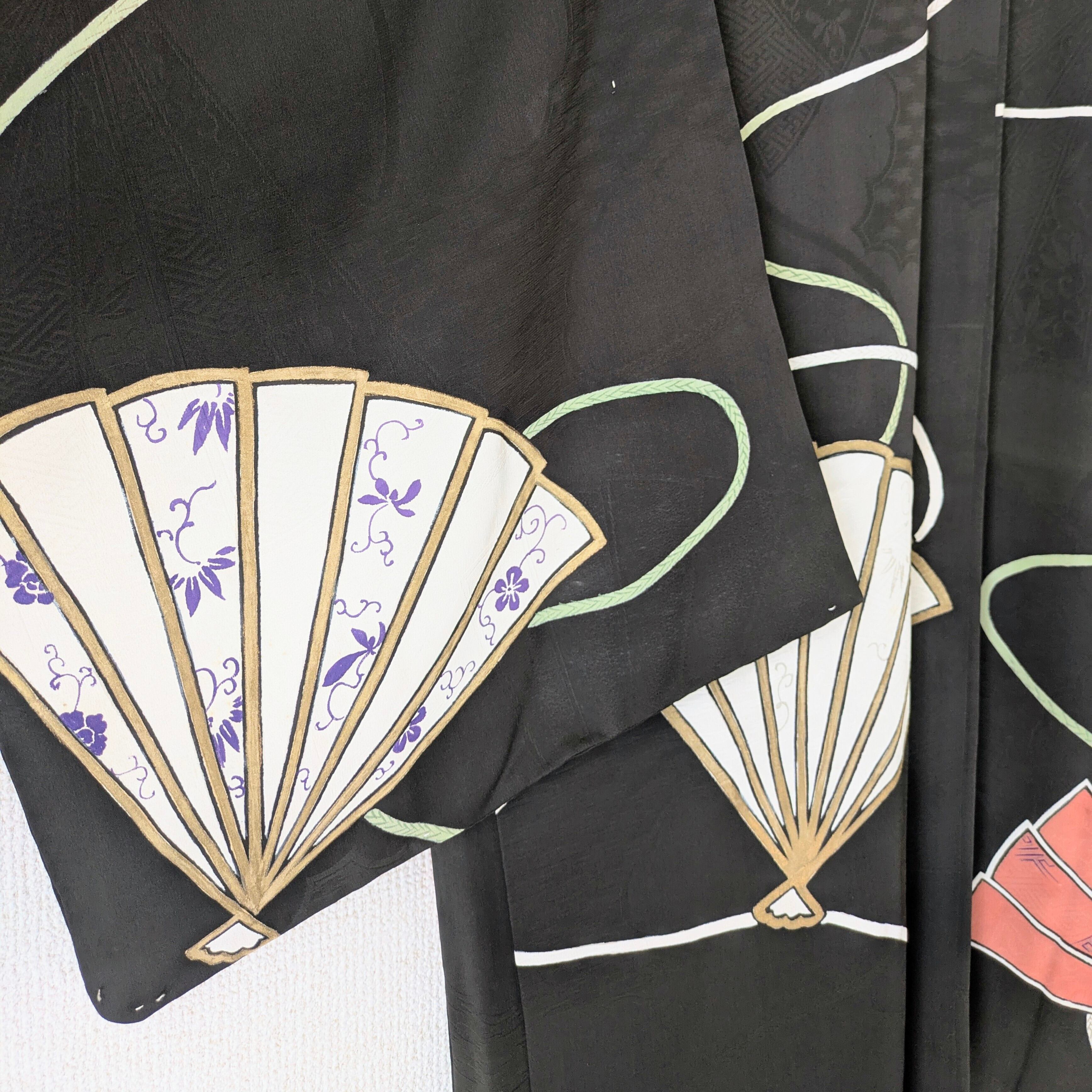 Antique】HAORI 長羽織 羽織 正絹 黒 絵羽織 舞扇柄 大正浪漫 古布