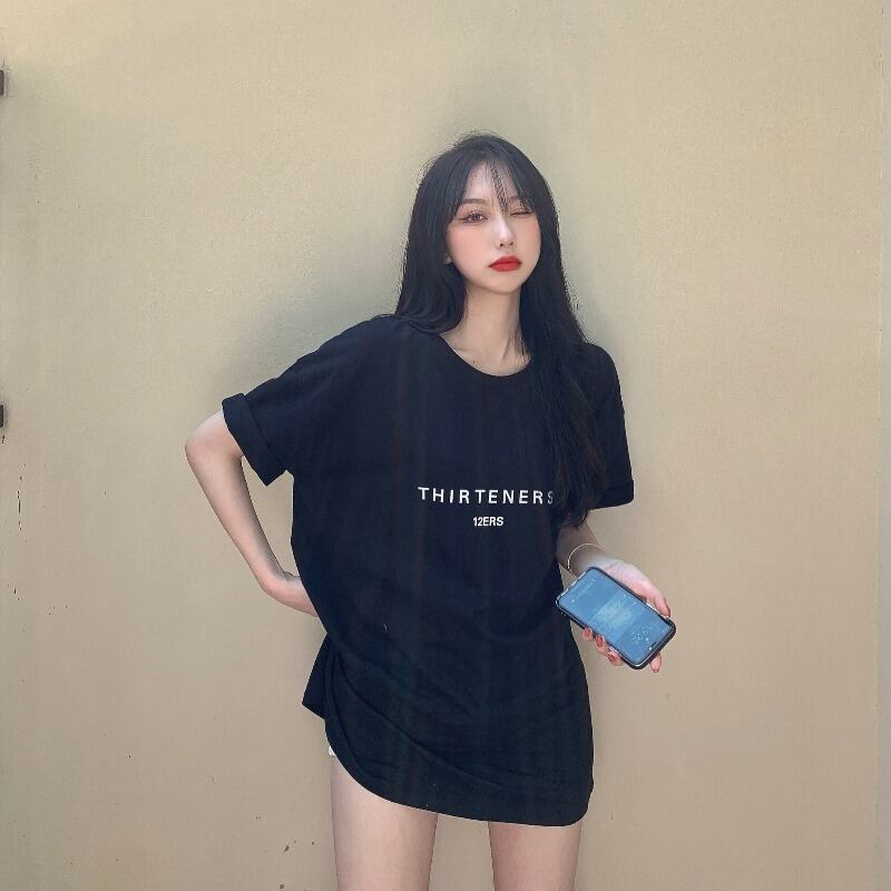 プリントTシャツ サマースタイルルーズロングブラックトップス かわいい 夏物 ブラックストロベリース660609235