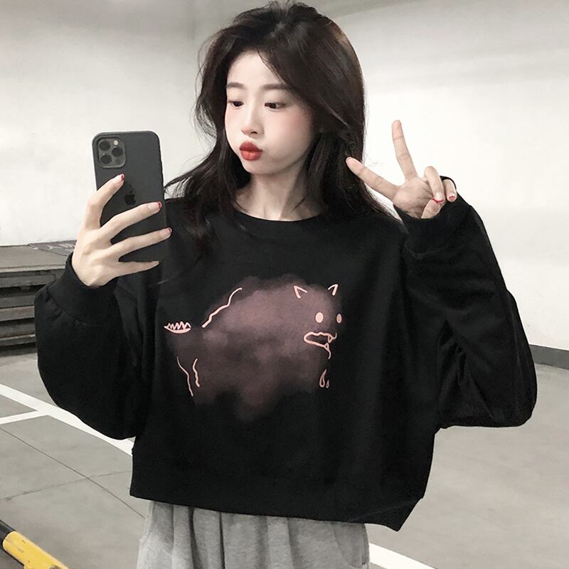 ブラックラウンドネックセーター スプリングオータムルーズスタイルクロップドトップス 春物 秋物 Oネック スーパーモール66719035672