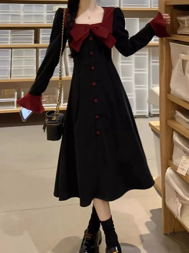 配色アクセントにときめく大人レトロワンピ スクエアネック配色リボンワンピース 大人可愛い おしゃれ レトロ リボン スクエアネック 配色 バイカラー 上品 おでかけ お呼ばれ 細見え 体型カバー 大きいサイズ 韓国 CH11295