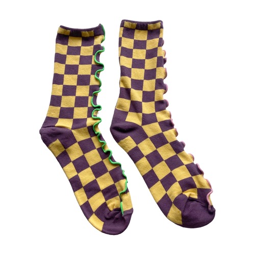 【solmu×HITOTSUDAKE】mellow block check socks（イエロー×パープル）ネオンキミドリ×もも