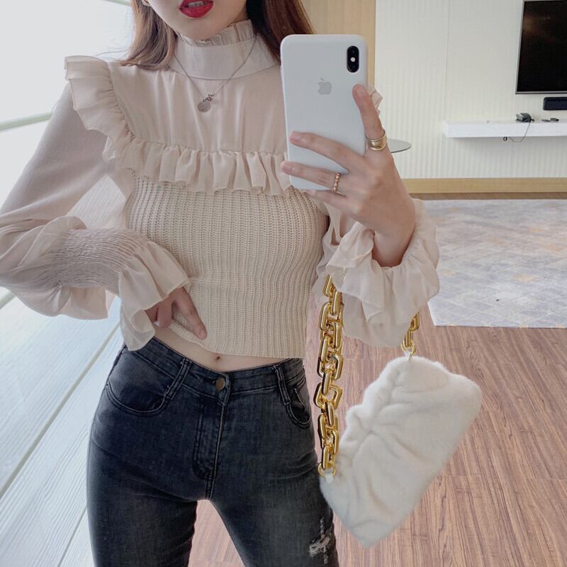 ラッフルオータムスリム薄手セーター ロング 秋物 ステッチ ガールズファッション98075047514