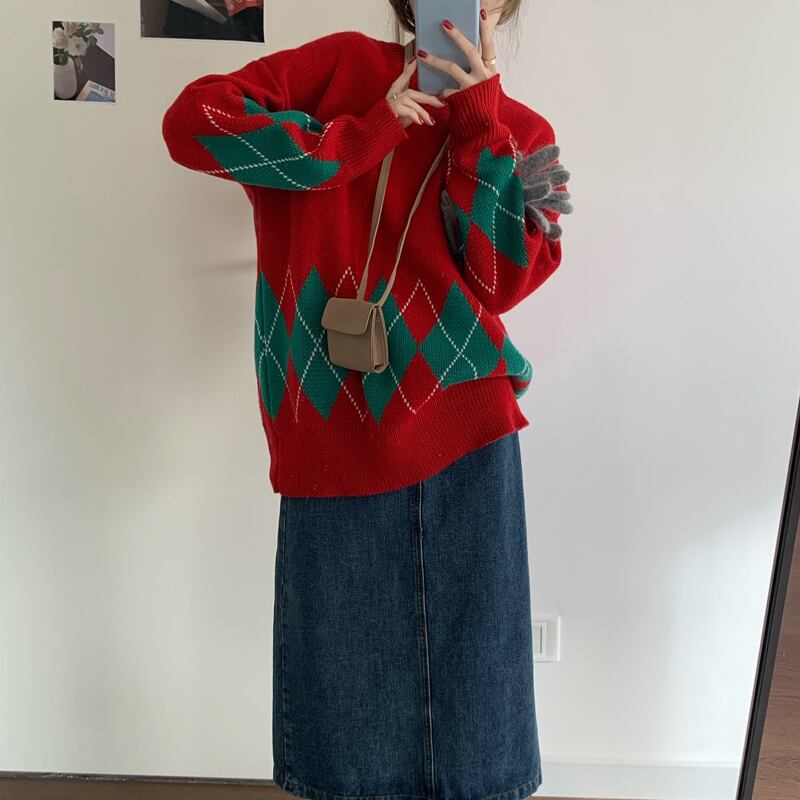 セーター スタンダードレッドコート スプリングルーズトップス レトロ 春物 ブラックストロベリース53800076573