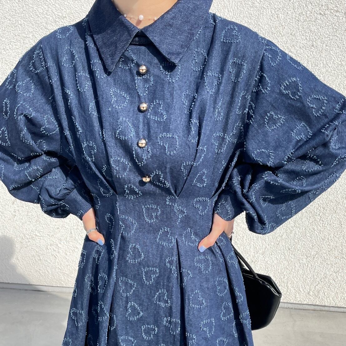 ハート柄デニムウエストタックワンピース_LN0873