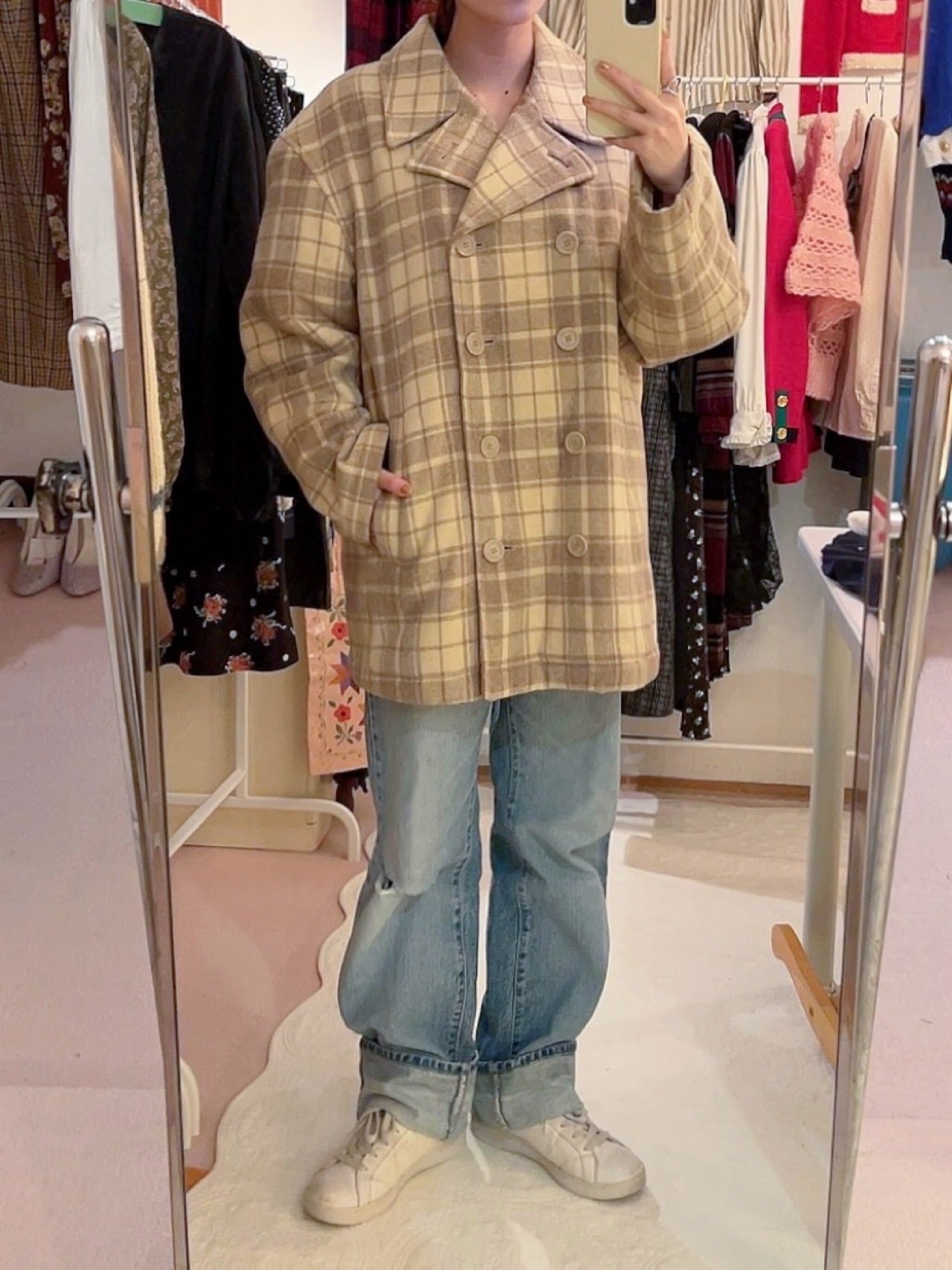 cream check big pea coat