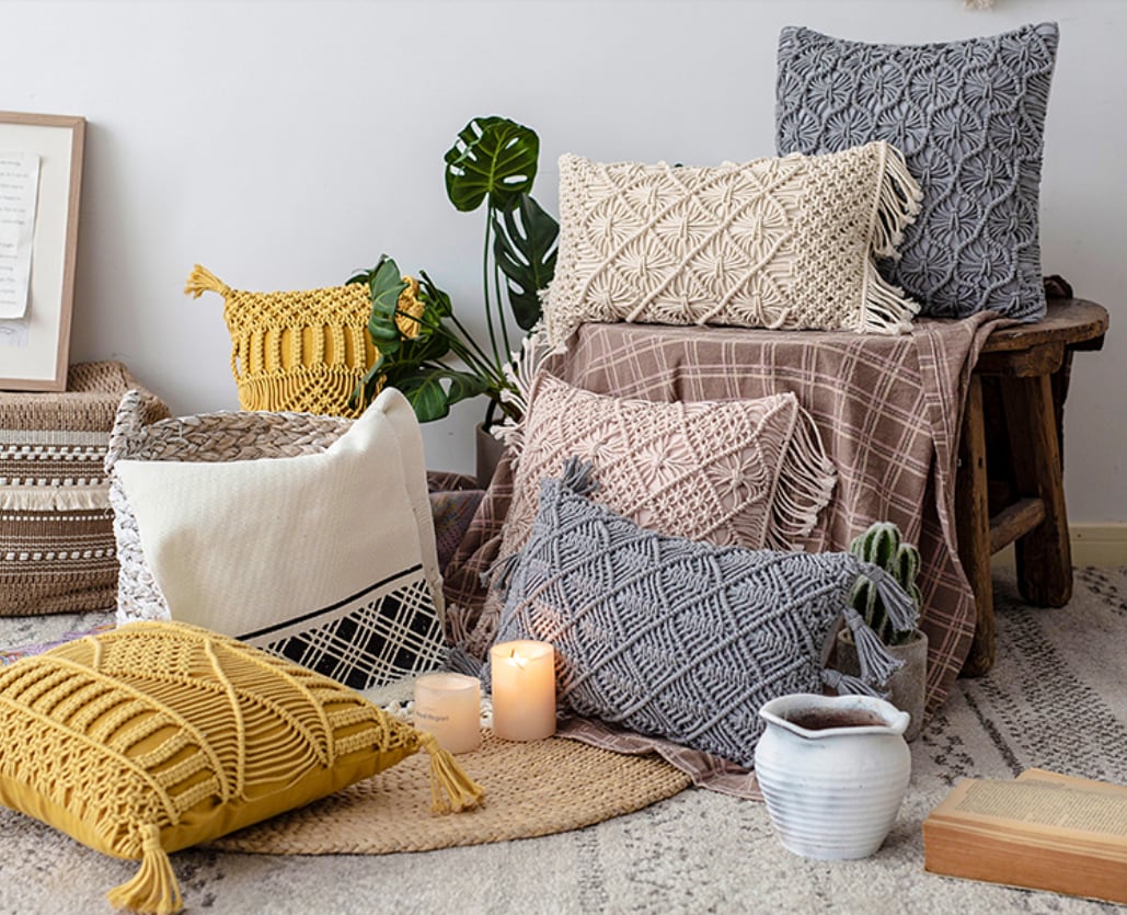 ボヘミアンスタイル マクラメ 編み タッセル クッションカバー インテリア 枕 まくらカバー ピローケース Romaryhome