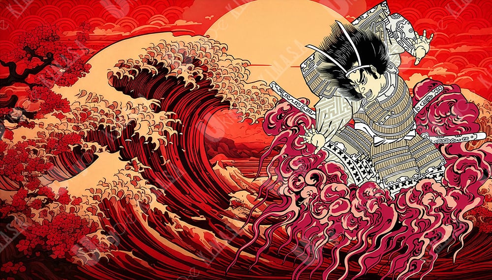 赤い波と雲にのる歌舞伎役者 | 浮世絵素材専門店 KIMASA