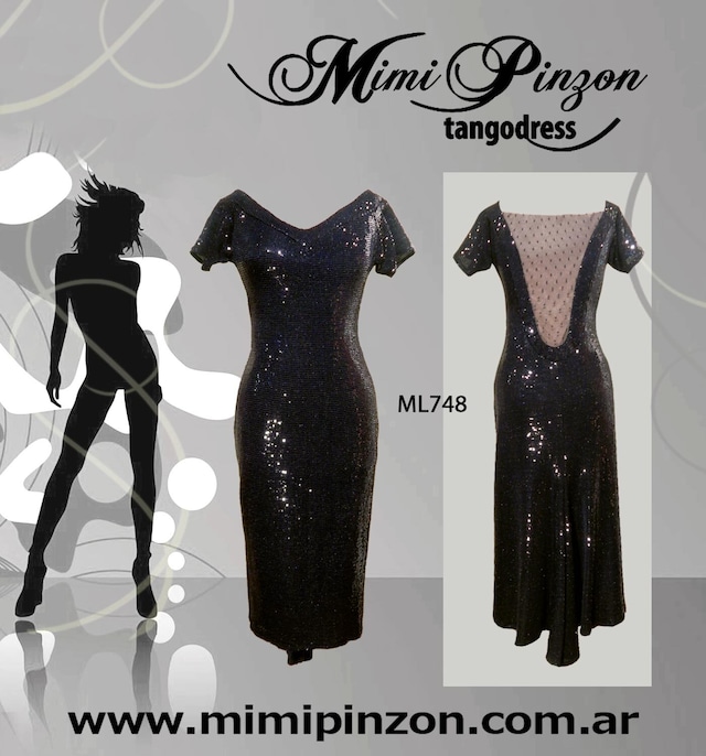 VESTIDO DE MIMI PINZON ミロンガ用　黒メタリックスパンコールデコルテワンピース　Lサイズ