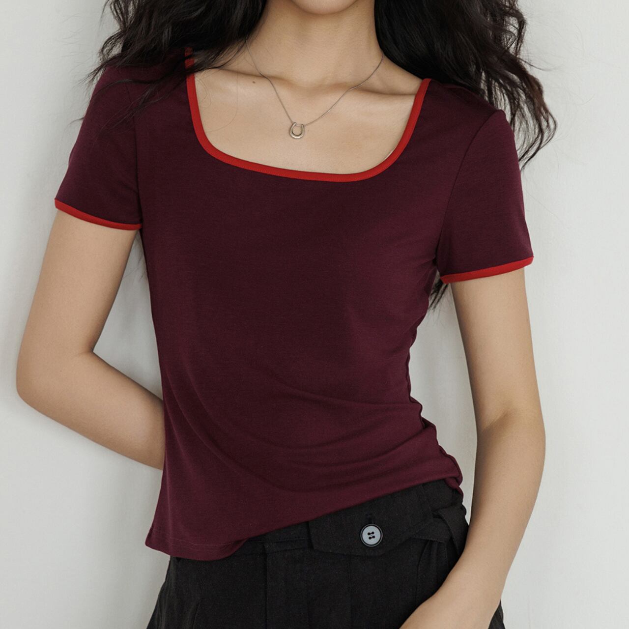 square neck color-block t-shirt L0346