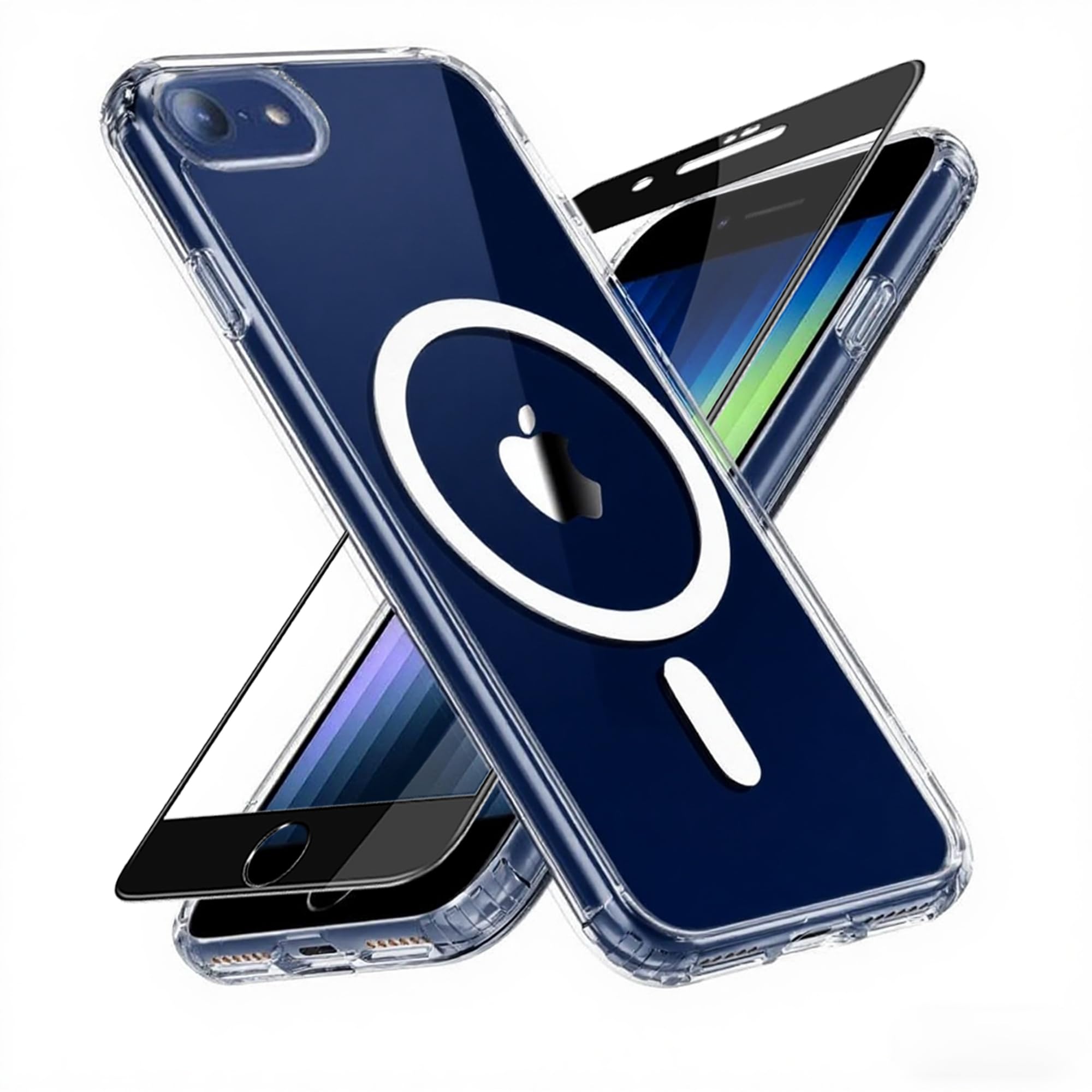 iPhone SE ケース 第3世代 第2世代 iPhone 8/7 クリア MagSafe対応 ガラスフィルム付き 透明 マグネット搭載 アイフォン SE3/SE2 ケース PC+TPU 滑り止め 指紋防止 米軍MIL規格 耐衝撃 耐久性 全面保護 黄ばみなしアイフォンカバー いPhone 8/7 グセーフ対応 (クリア, iPhone 7/8/SE2/SE3)