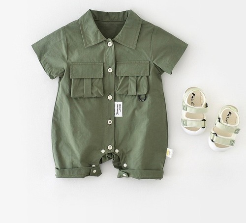【66～90】カーキ半袖シンプルオーバーオールロンパース