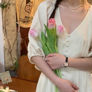 クルミ釦ウエストマークワンピース　A1607