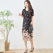 TRUBE バラ花柄プリントプリーツVネックワンピース【M~L】ブラック