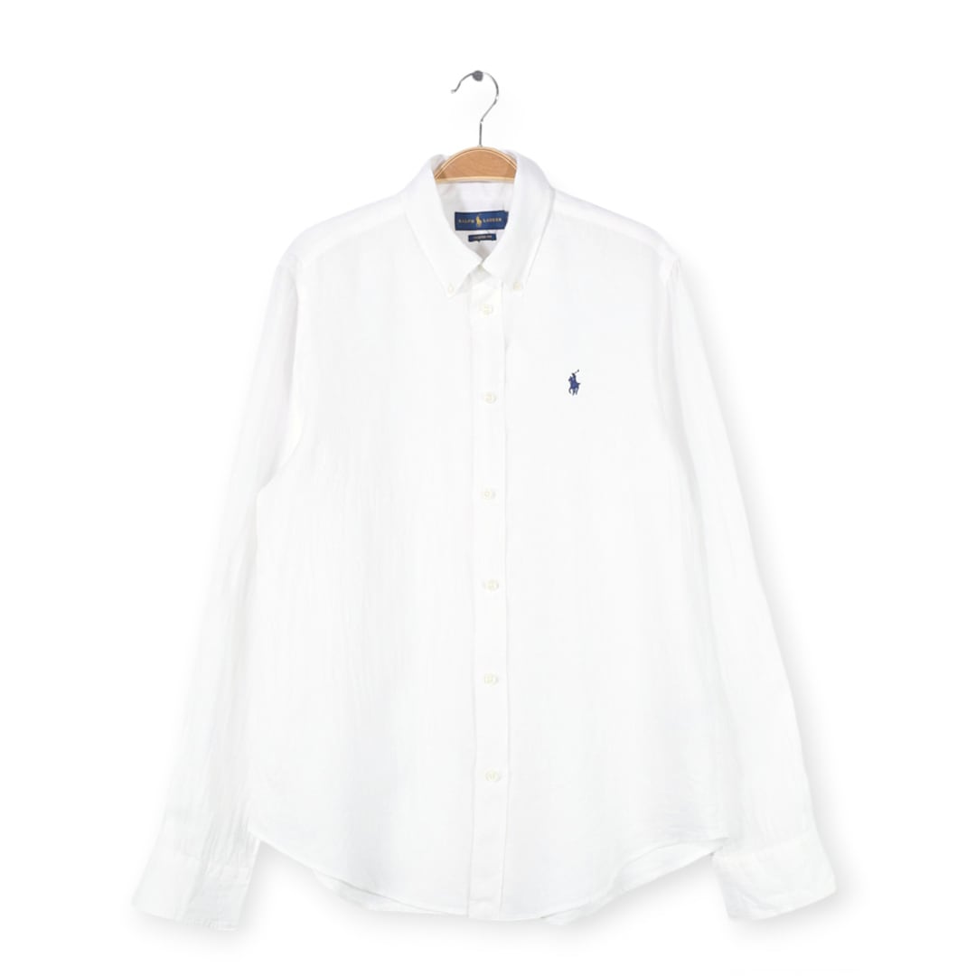 ラルフローレン シルク リネン 長袖シャツ 白 ホワイト ボタンダウンシャツ RALPH LAUREN メンズL 古着 @CA1387