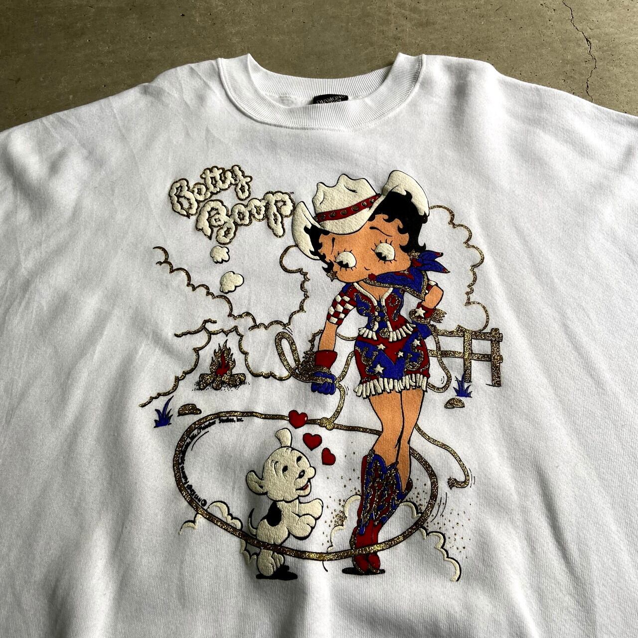 90年代 USA製 Betty-Boop ベティーちゃん キャラクタープリントスウェット メンズXL レディース 古着 トレーナー 90s ビンテージ  ヴィンテージ ラメ入りプリント 発泡プリント ホワイト 白 【スウェット】【AL2110】 | cave 古着屋【公式】古着通販サイト