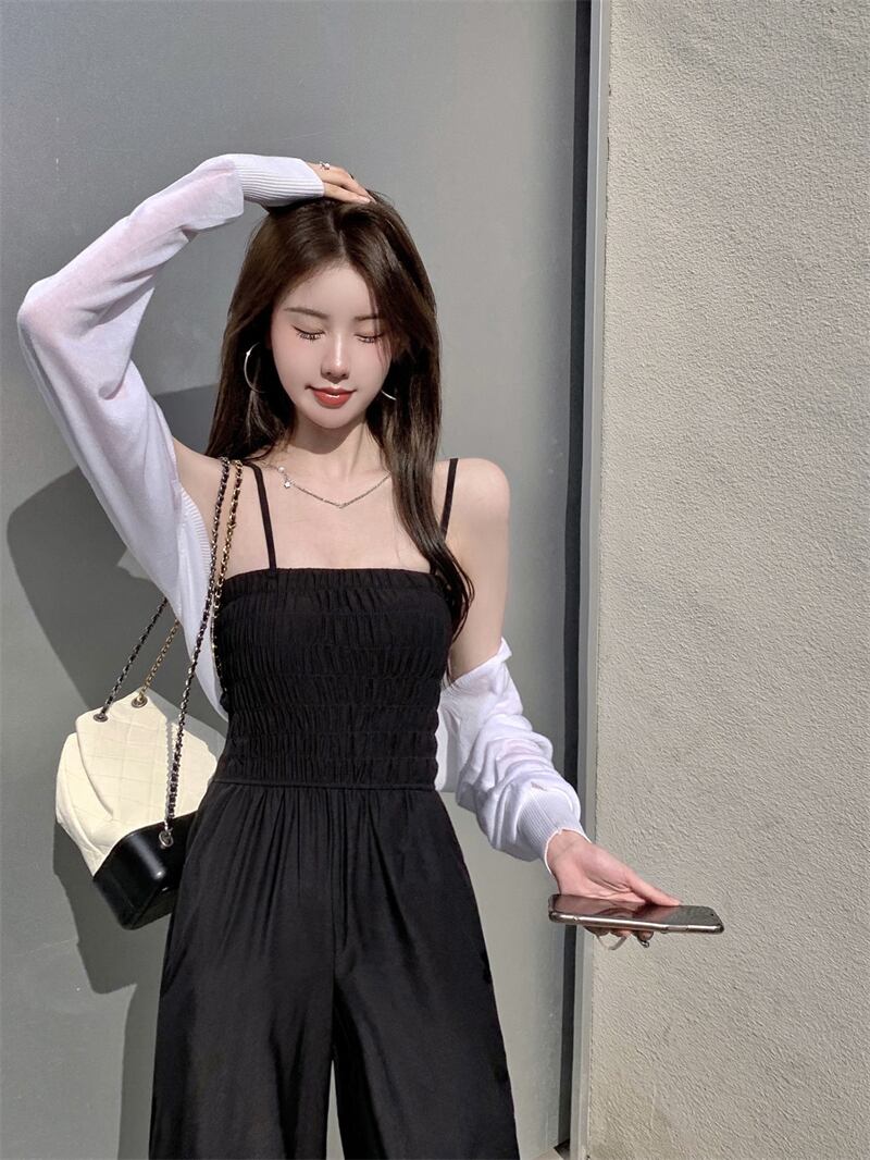 パンツ ブラックトップス サマー薄手ハイウェストウェストルーズワイドレッグジャンプスーツ オールインワン 夏物 ワイドパンツ ブラックストロベリース34539968622