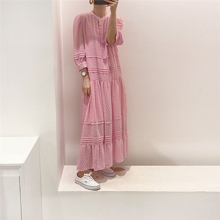 Polka dots tiered long dress [即納商品あり] ドット柄シースルー