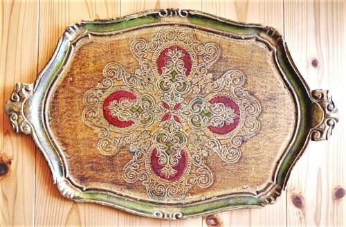 フィレンツェトレイ 木製金彩伝統工芸 持ち手付き盆